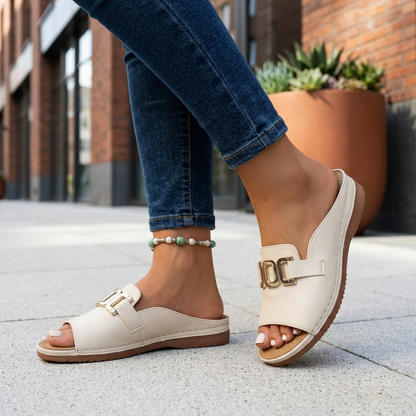 Women's Slip-On Open Toe Sandals with Metal Buckle Wedge Heel