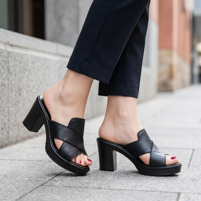 Women's Orthopedic Sandals with Wide Heel, Platform, and Crossed Straps Mules