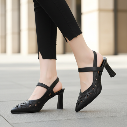 Women’s Pointed Toe Slingback Floral Cutout Wide Heel