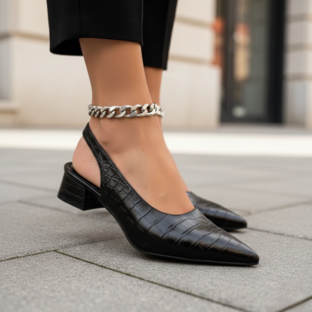 Women’s Slingback Shoes with Wide Heel Crocodile Effect