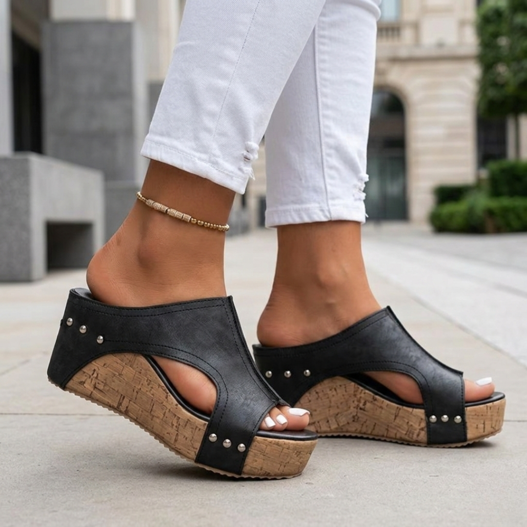 Women's Platform Sandals with Cork Wedge and Studs