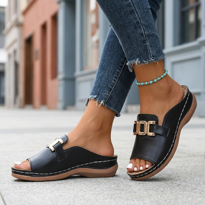 Women's Slip-On Open Toe Sandals with Metal Buckle Wedge Heel