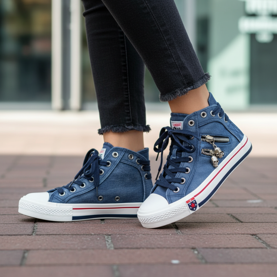 Women's High Top Sneakers in Blue Denim with Double Zipper and Laces