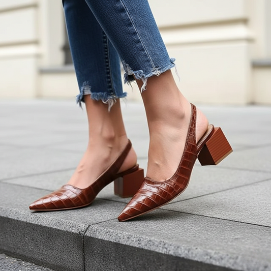 Women’s Slingback Shoes with Wide Heel Crocodile Effect