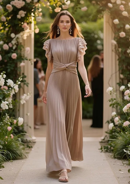 Mocha Elegant Queen Pleated Ruffle Sleeve Cross Waist Maxi Dress