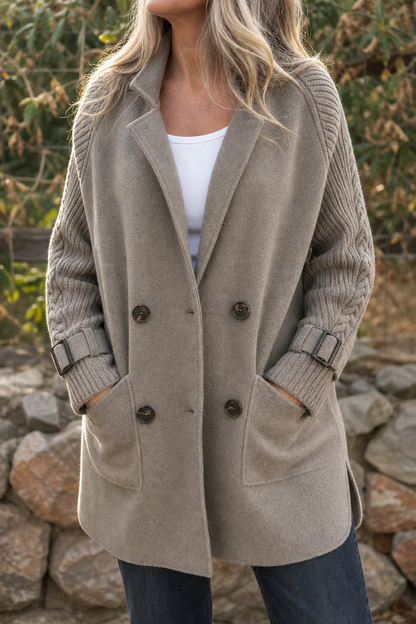 Albertina - Knit-Sleeve Double-Breasted Longline Coat