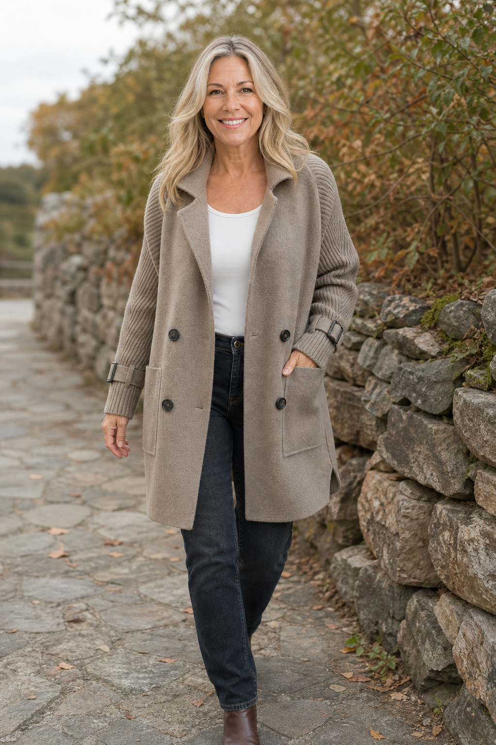 Albertina - Knit-Sleeve Double-Breasted Longline Coat