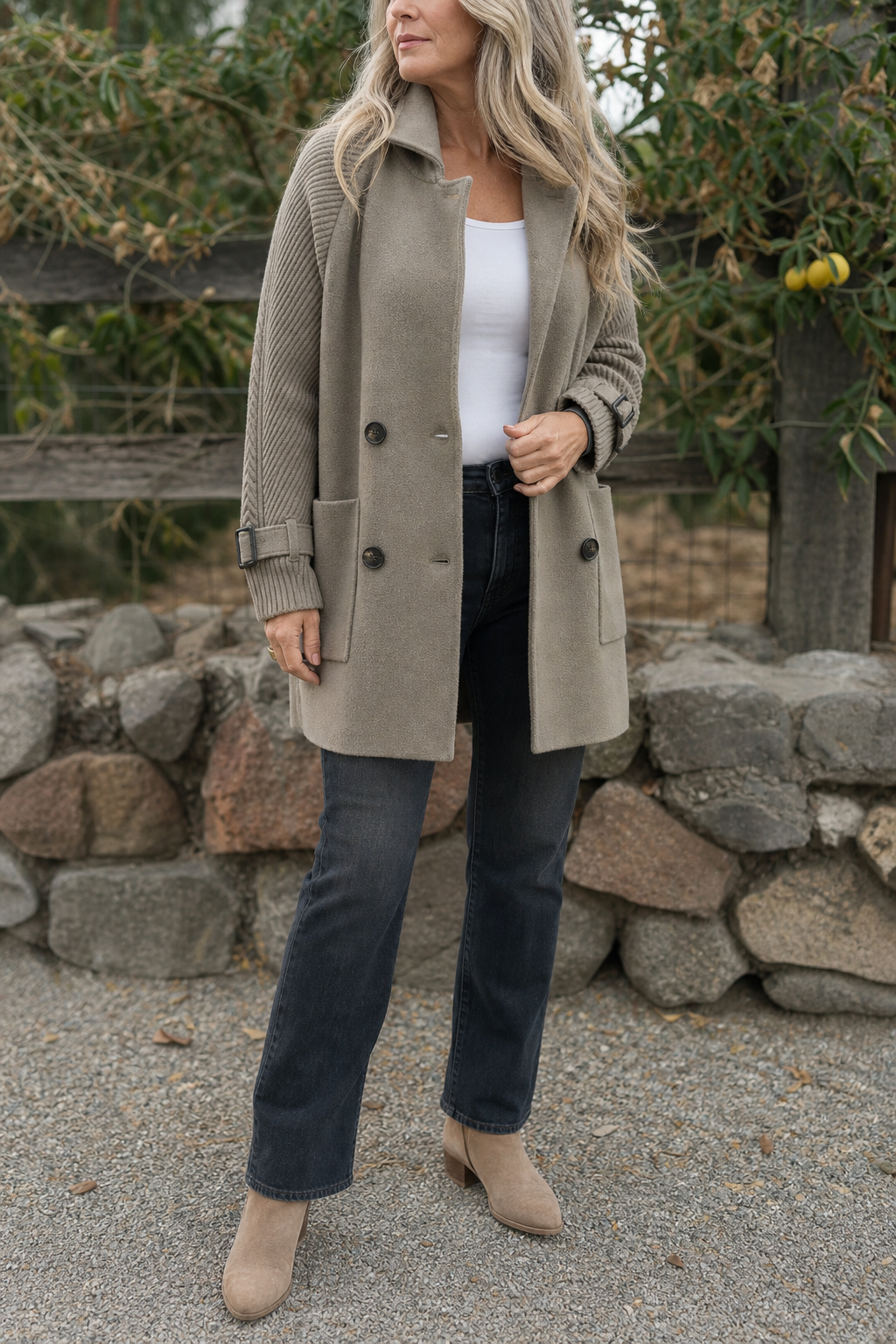 Albertina - Knit-Sleeve Double-Breasted Longline Coat