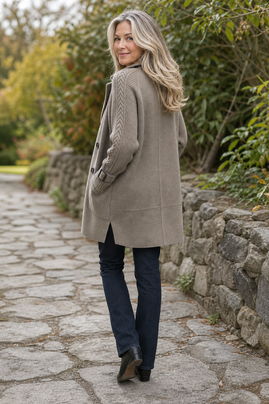 Albertina - Knit-Sleeve Double-Breasted Longline Coat