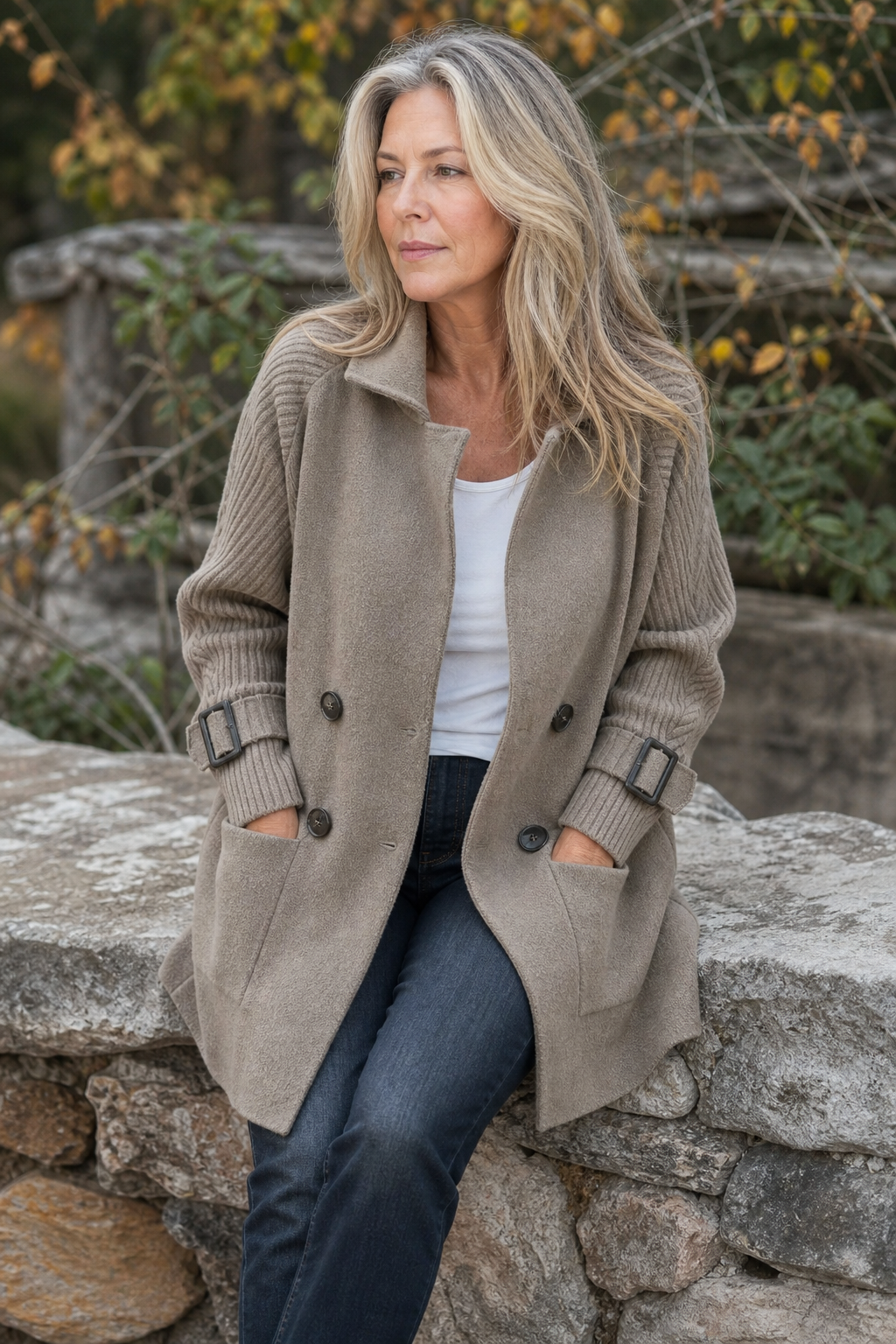 Albertina - Knit-Sleeve Double-Breasted Longline Coat