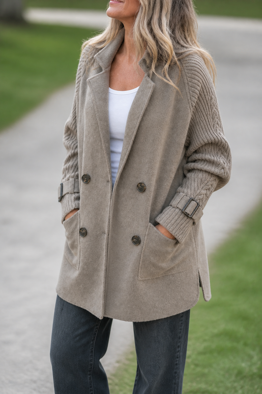 Albertina - Knit-Sleeve Double-Breasted Longline Coat