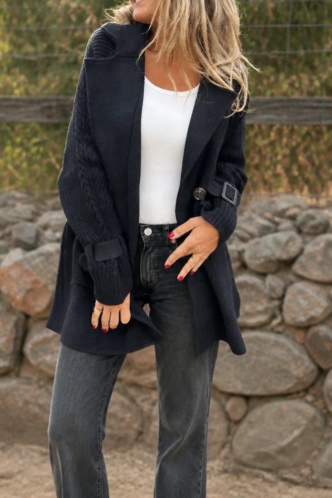Albertina - Knit-Sleeve Double-Breasted Longline Coat