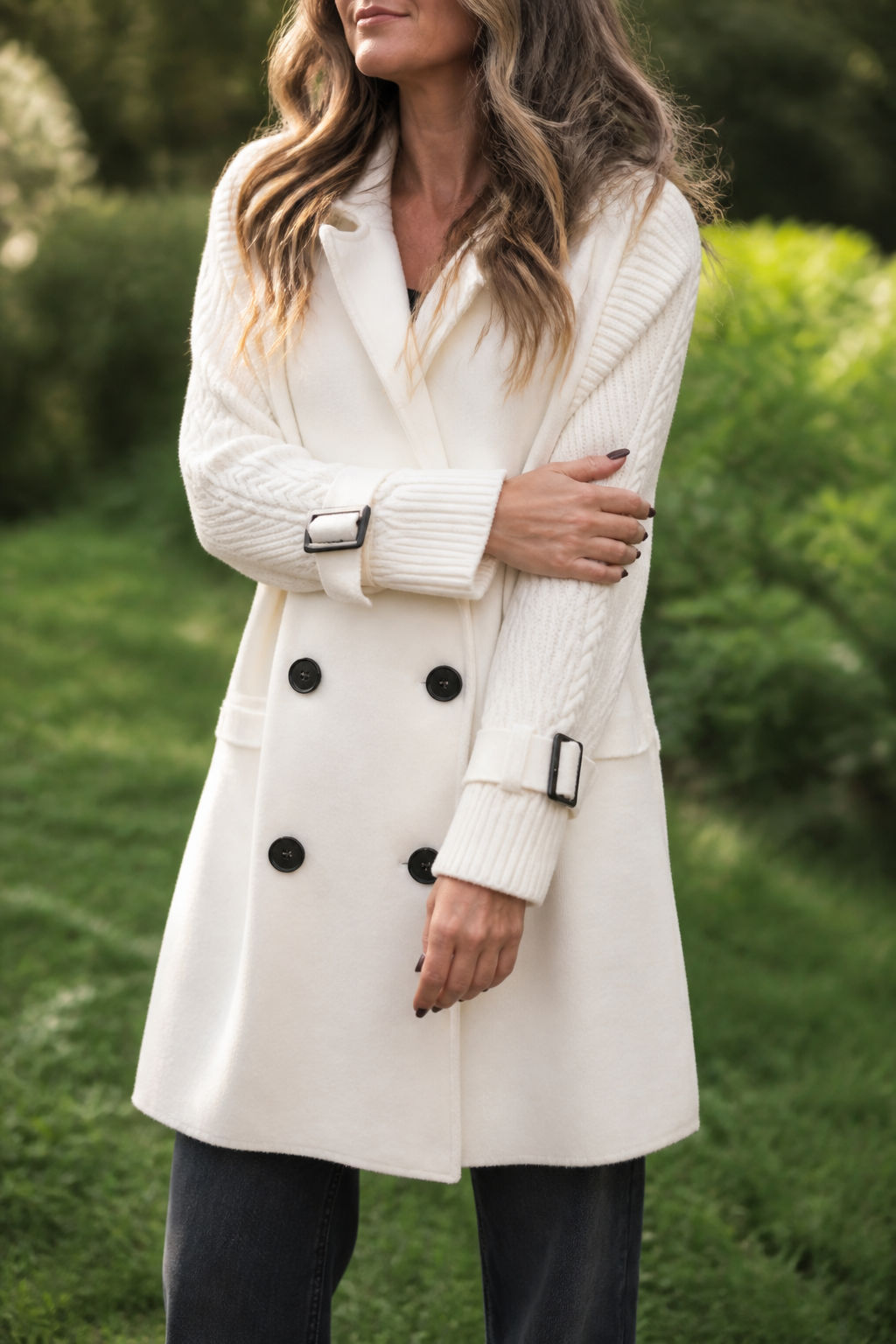 Albertina - Knit-Sleeve Double-Breasted Longline Coat